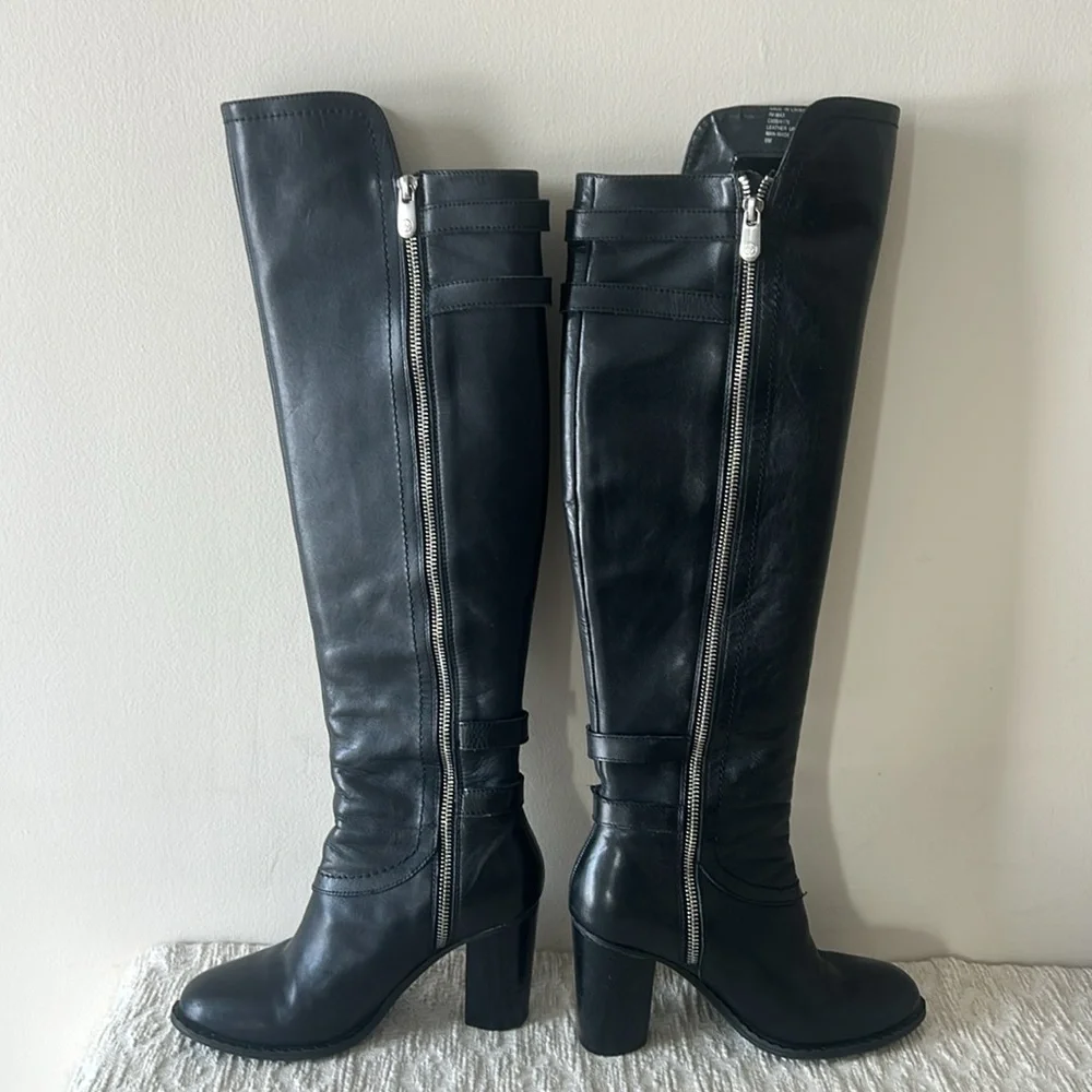 Adrienne Vittadini Black Leather Boots with Buckle Accents - Picture 3 of 15